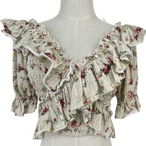 Free People Floral Smocked Ruffle Crop Top Bardot Cottage Core Women's XS Boho